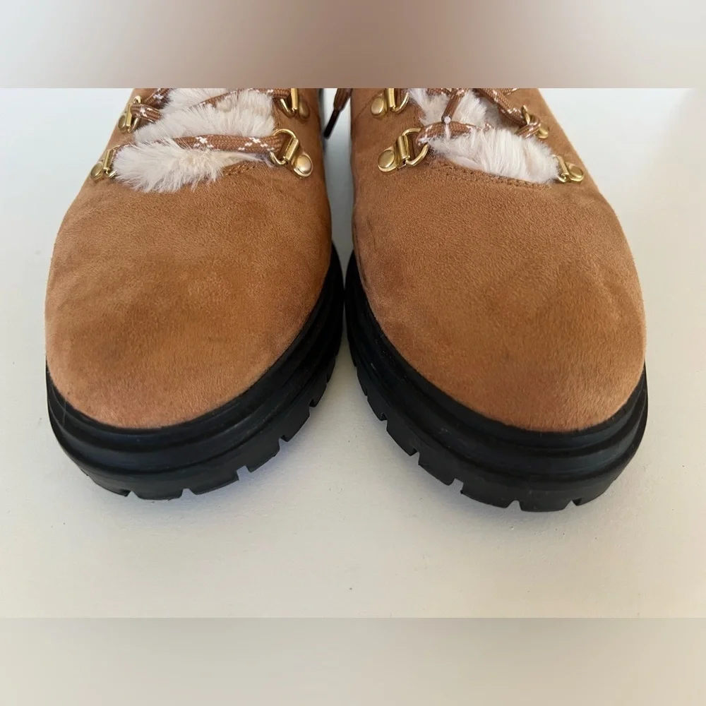 J. Crew Factory Faux-Fur Lace Up Winter Hiking Boots in Chestnut Brown, size 9
